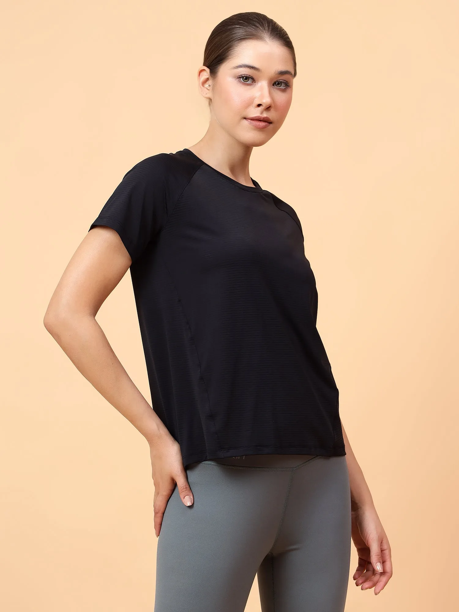 Fitkin Women Black Self Stripe Round Neck Tshirt