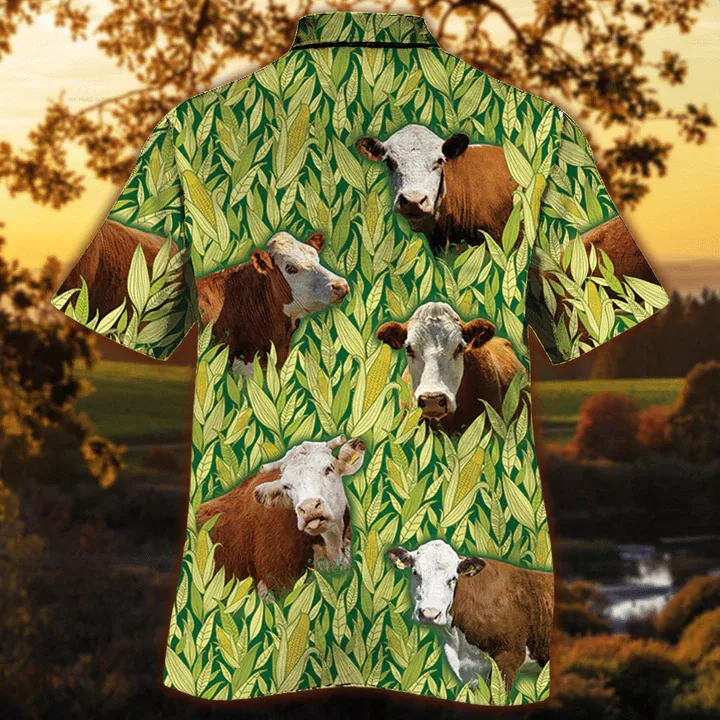 Hereford Cattle Hawaiian Shirt Men, Cow lovers Short Sleeve Hawaiian Aloha Shirt