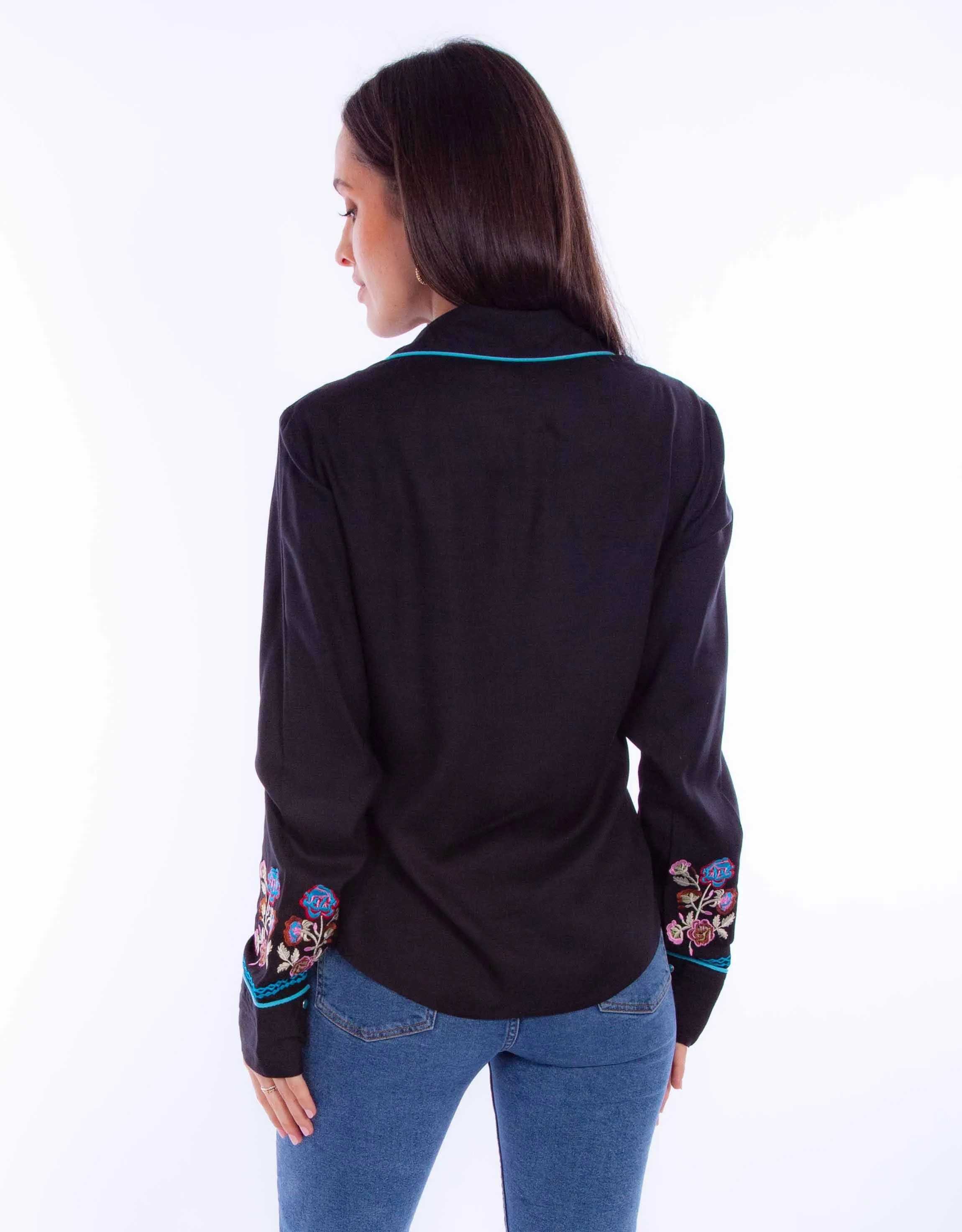 Honey creek black-turquoise floral emb top w/turq piping