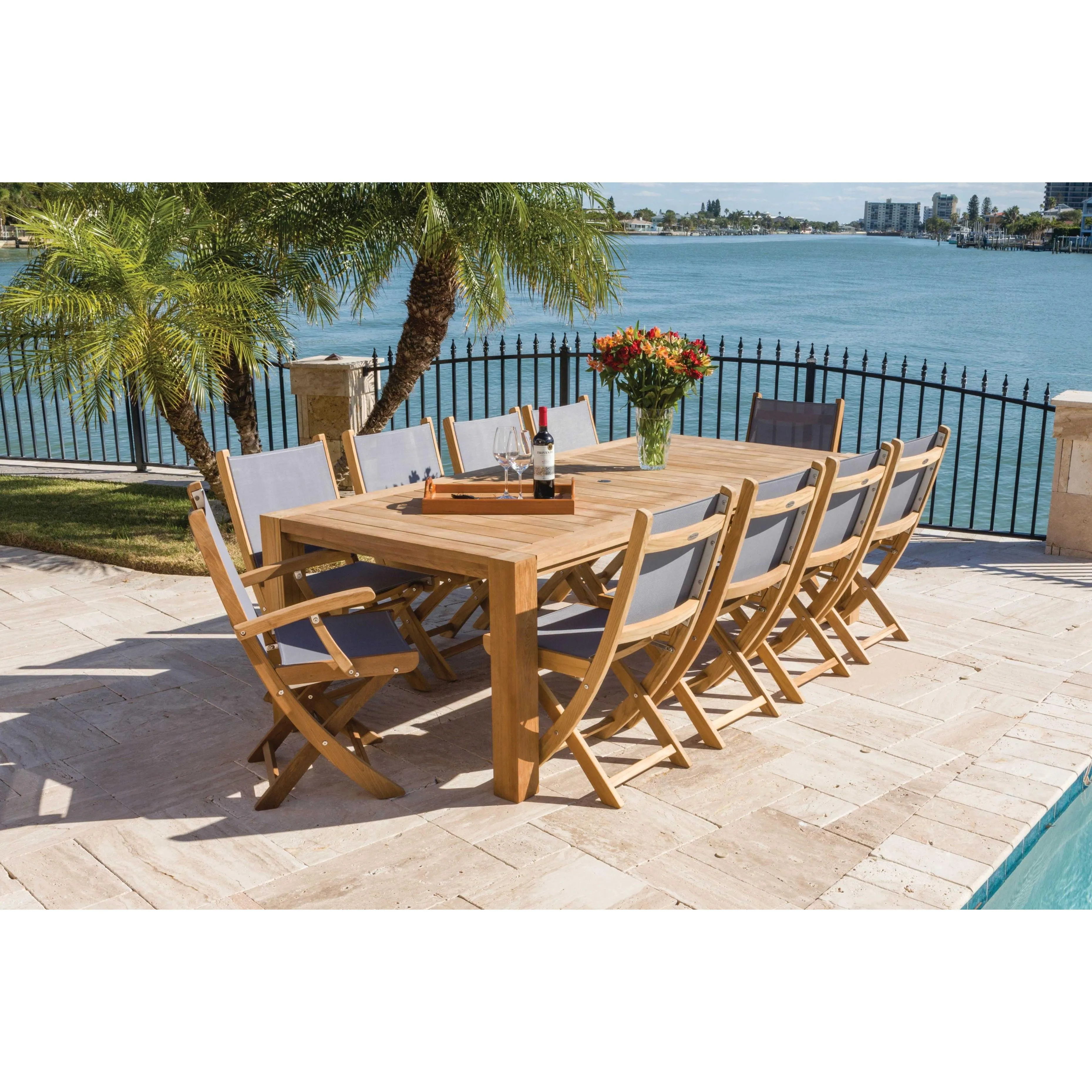 Katana Teak 7pc Outdoor Dining Set (Teak 86" Rectangular Table with 6 Teak Folding Yacht Armchairs)