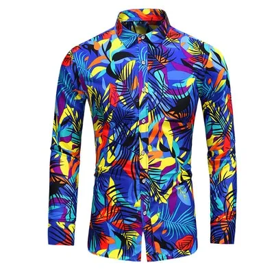 Men Casual Fashion Personality Print Long Sleeve Dressing Shirt