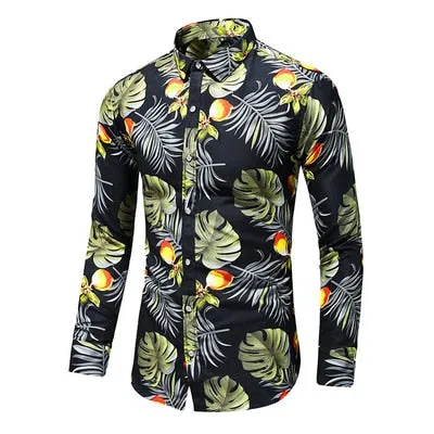 Men Casual Fashion Personality Print Long Sleeve Dressing Shirt