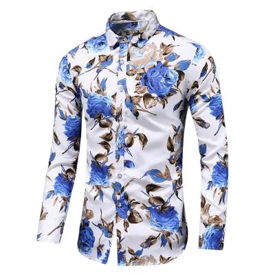 Men Casual Fashion Personality Print Long Sleeve Dressing Shirt