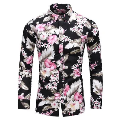 Men Casual Fashion Personality Print Long Sleeve Dressing Shirt