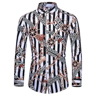 Men Casual Fashion Personality Print Long Sleeve Dressing Shirt