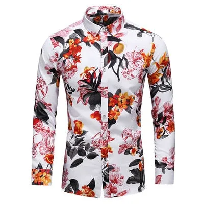 Men Casual Fashion Personality Print Long Sleeve Dressing Shirt