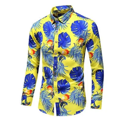 Men Casual Fashion Personality Print Long Sleeve Dressing Shirt