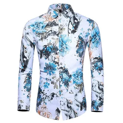 Men Casual Fashion Personality Print Long Sleeve Dressing Shirt
