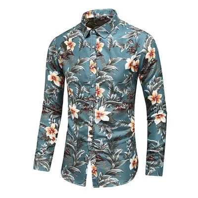 Men Casual Fashion Personality Print Long Sleeve Dressing Shirt