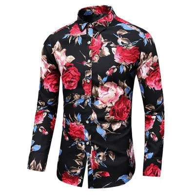 Men Casual Fashion Personality Print Long Sleeve Dressing Shirt