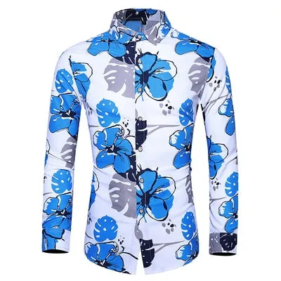 Men Casual Fashion Personality Print Long Sleeve Dressing Shirt