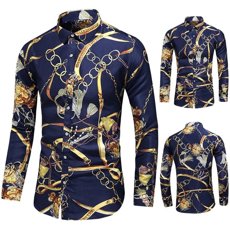 Men Casual Fashion Personality Print Long Sleeve Dressing Shirt