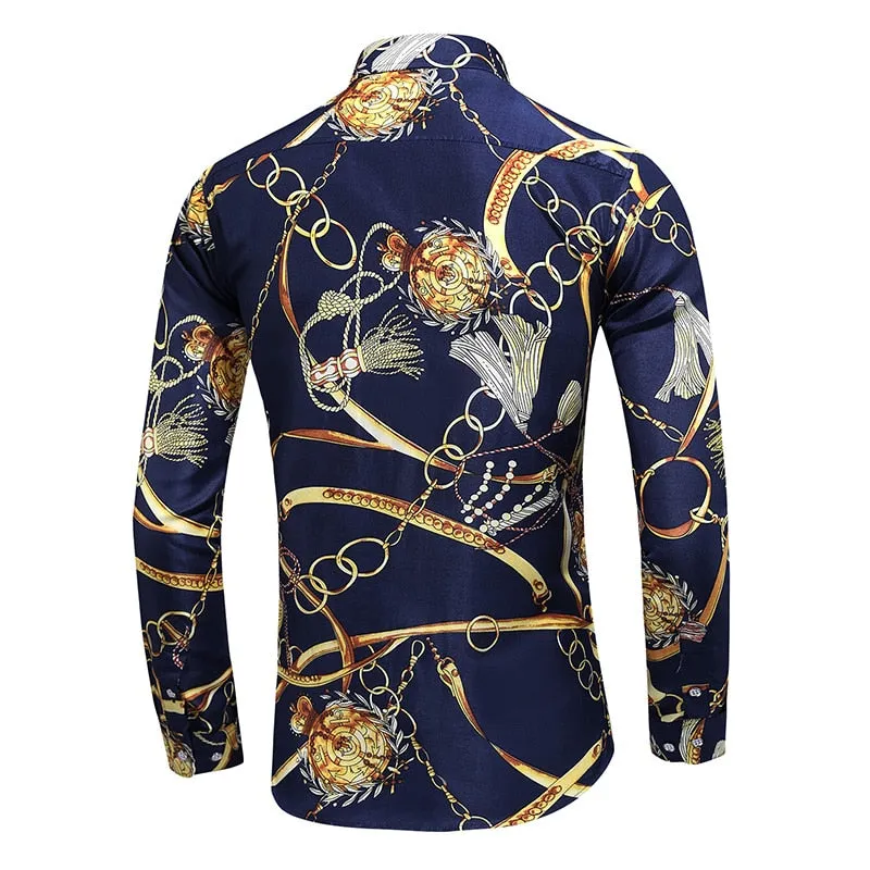 Men Casual Fashion Personality Print Long Sleeve Dressing Shirt