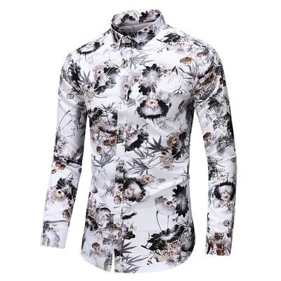 Men Casual Fashion Personality Print Long Sleeve Dressing Shirt