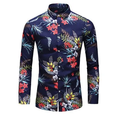 Men Casual Fashion Personality Print Long Sleeve Dressing Shirt
