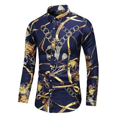 Men Casual Fashion Personality Print Long Sleeve Dressing Shirt