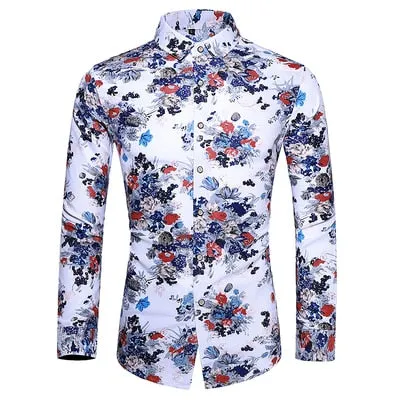Men Casual Fashion Personality Print Long Sleeve Dressing Shirt