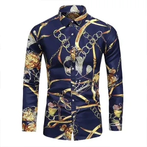 Men Casual Fashion Personality Print Long Sleeve Dressing Shirt