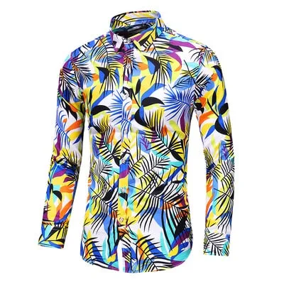 Men Casual Fashion Personality Print Long Sleeve Dressing Shirt