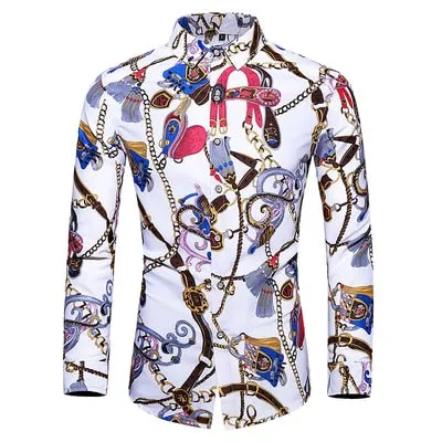 Men Casual Fashion Personality Print Long Sleeve Dressing Shirt