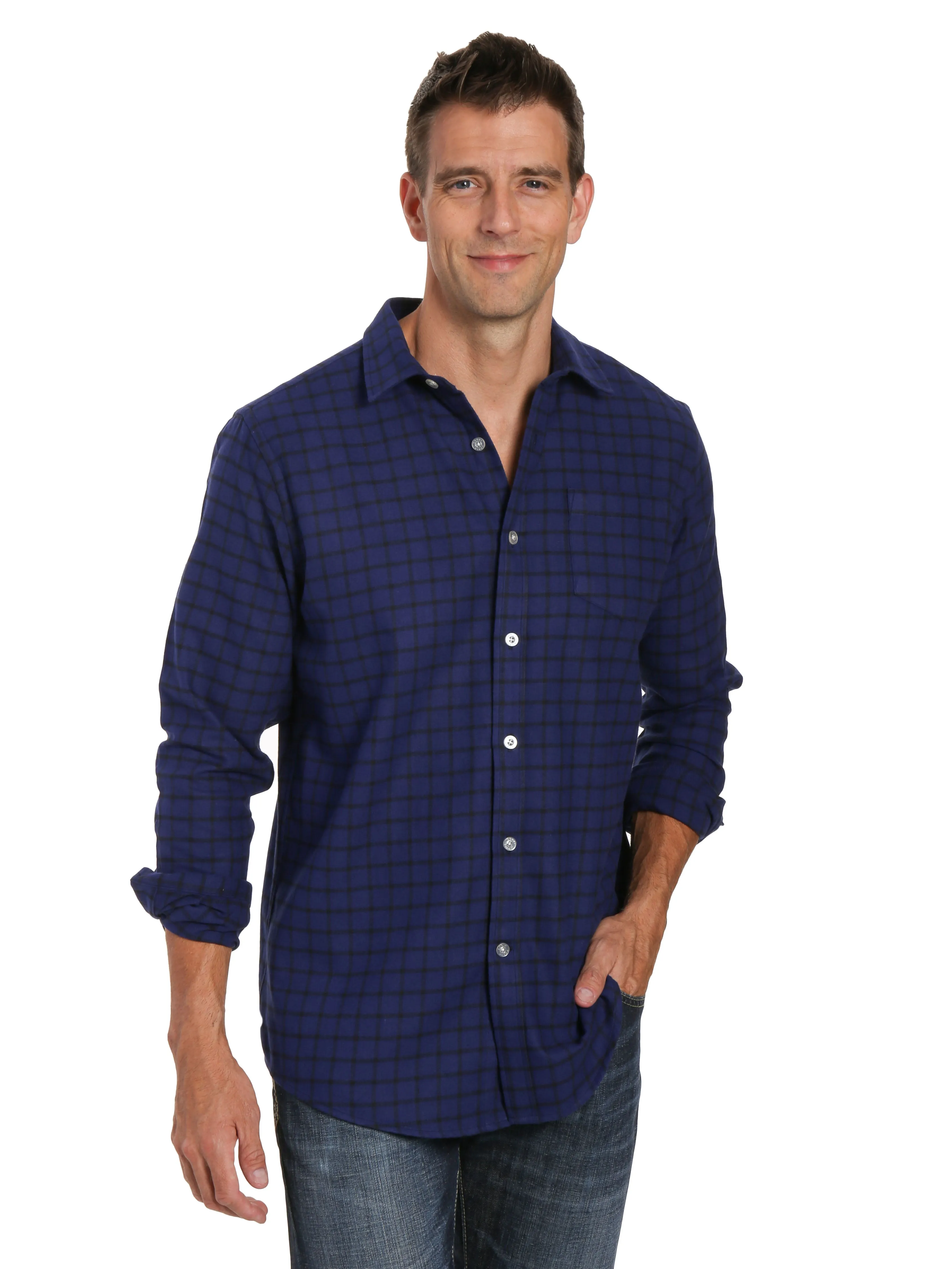 Mens 100% Cotton Flannel Shirt - Regular Fit - Checks - Blue-Black