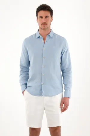 Men's Blue 100% Linen Long Sleeve Shirt