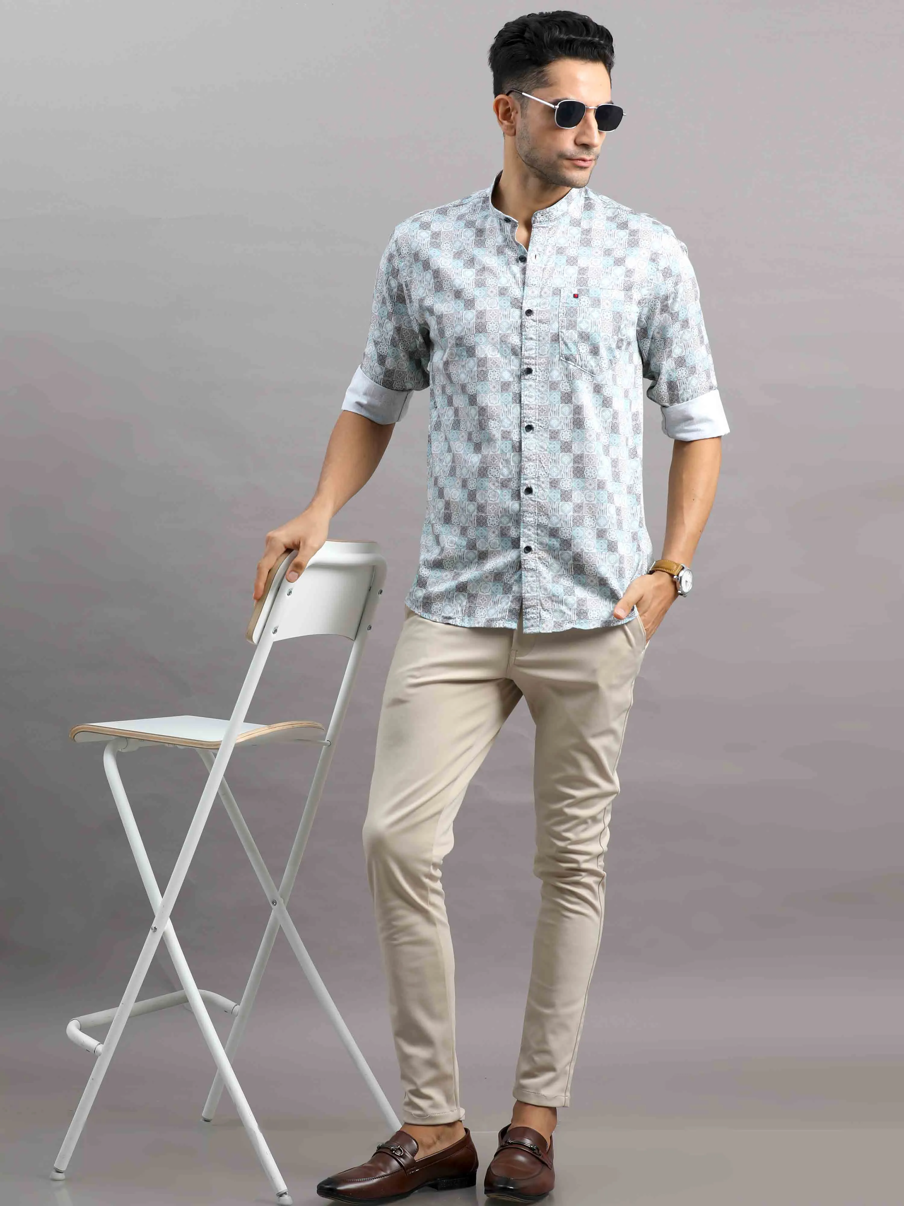 Men's Blue Slim Fit Full Sleeves Printed Casual Shirt