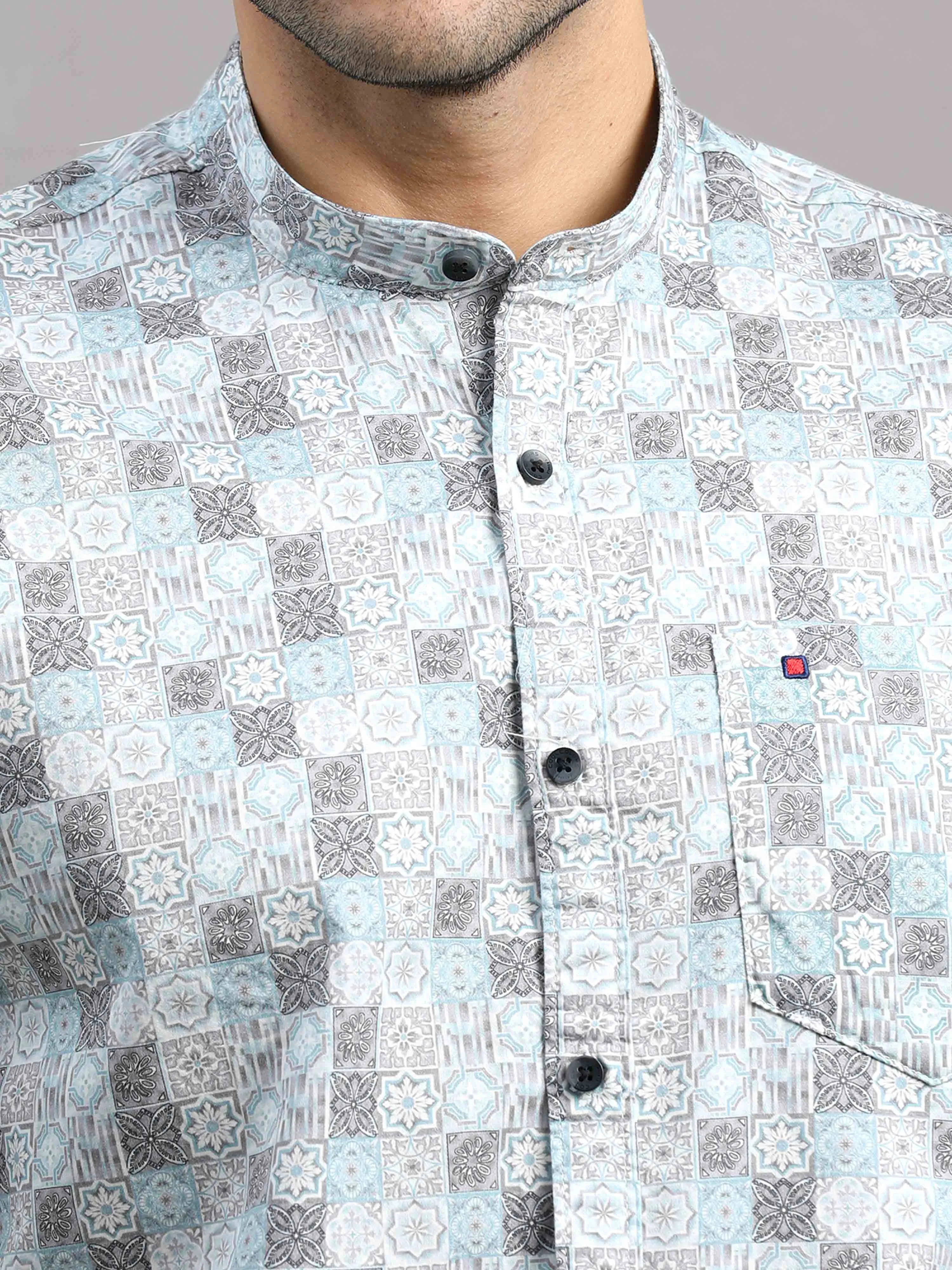 Men's Blue Slim Fit Full Sleeves Printed Casual Shirt