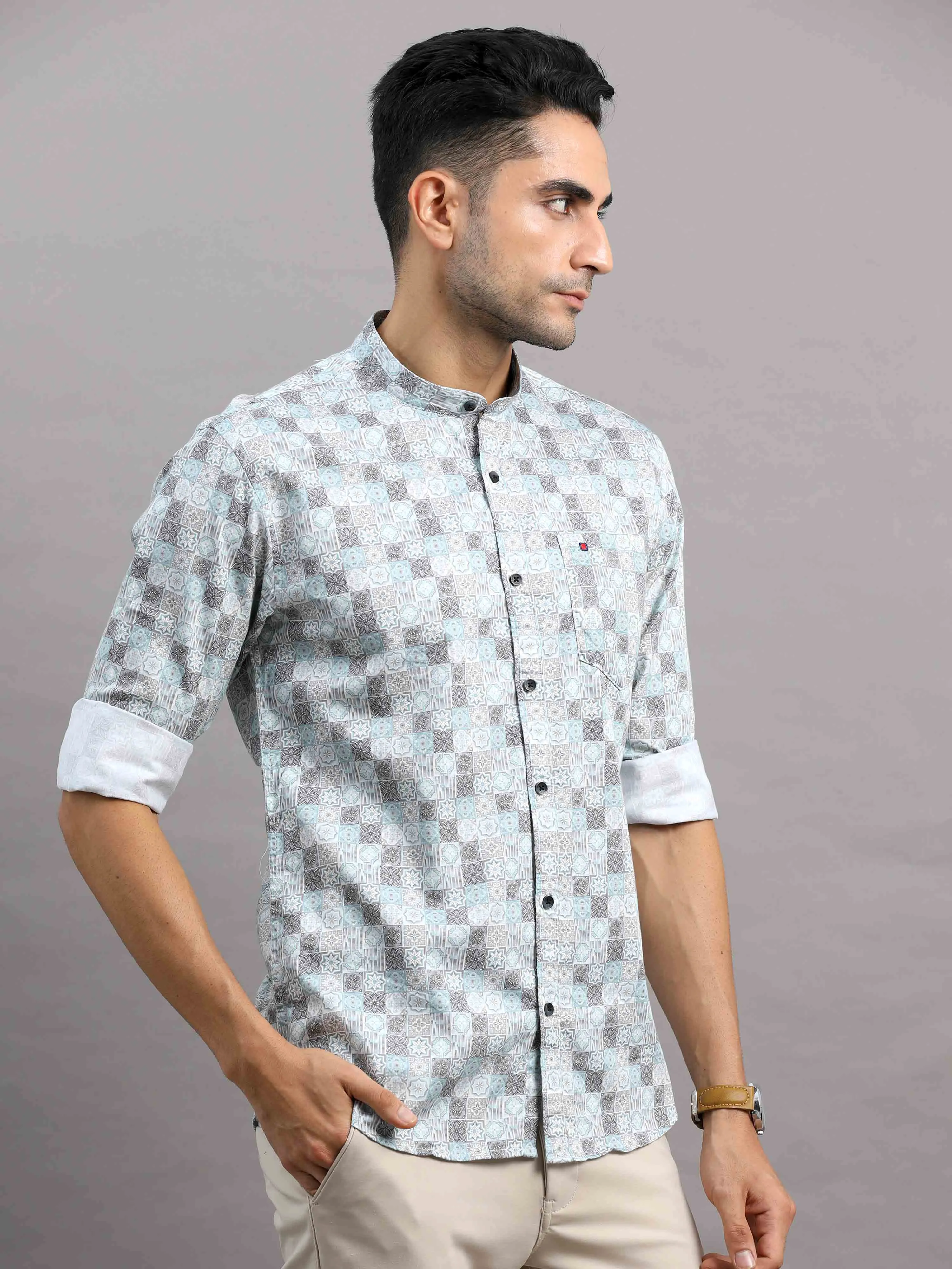 Men's Blue Slim Fit Full Sleeves Printed Casual Shirt