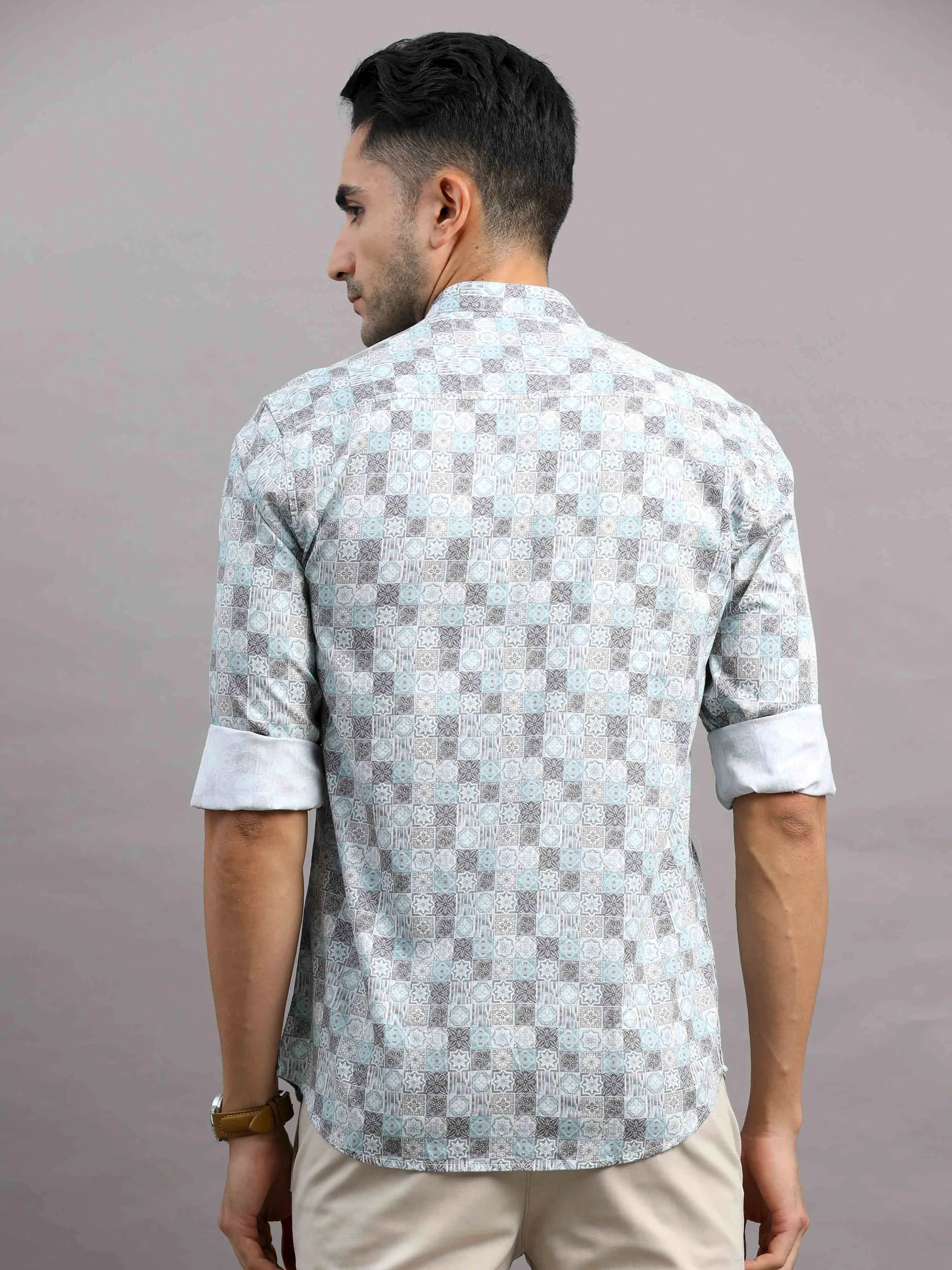 Men's Blue Slim Fit Full Sleeves Printed Casual Shirt