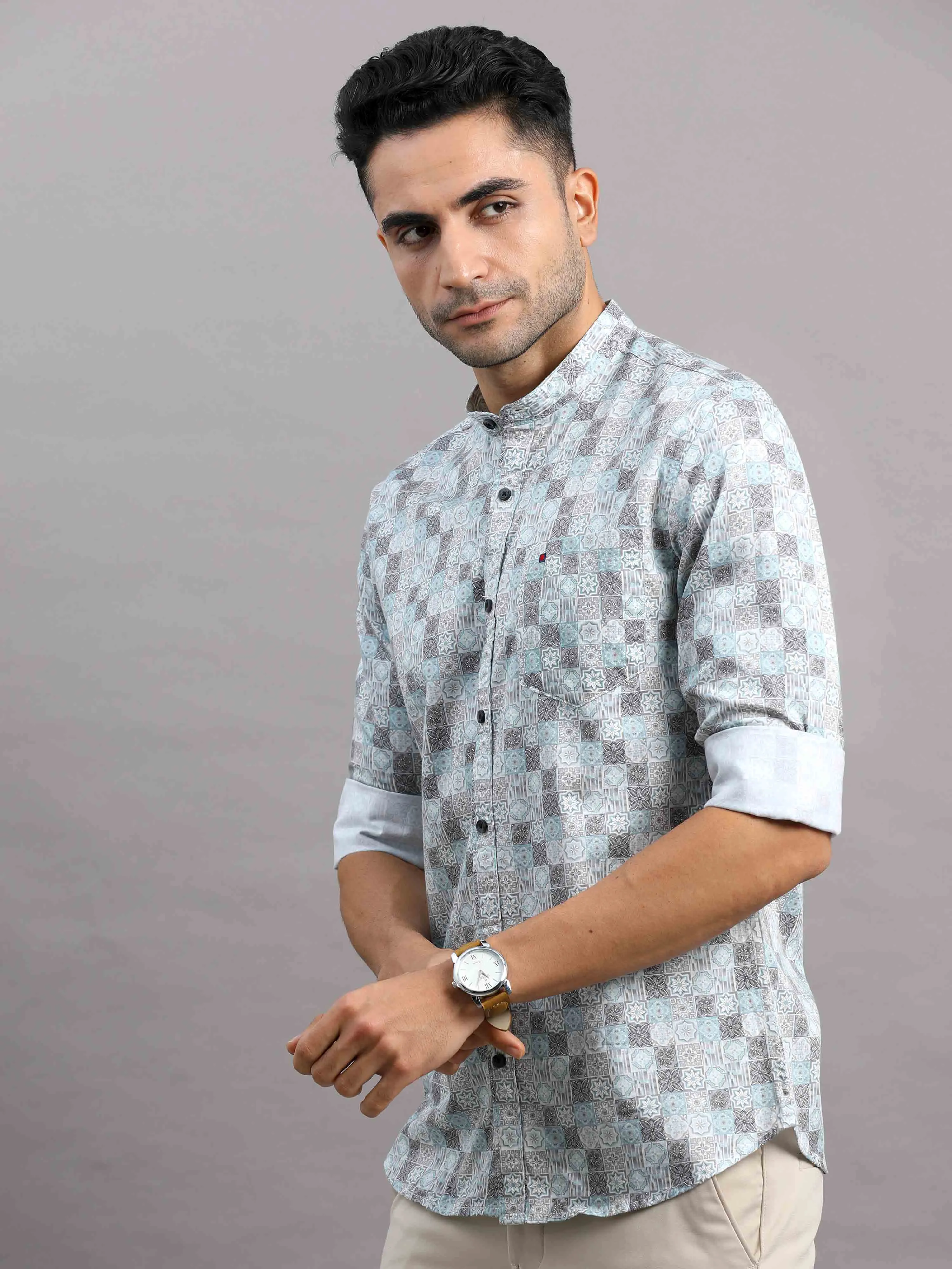 Men's Blue Slim Fit Full Sleeves Printed Casual Shirt