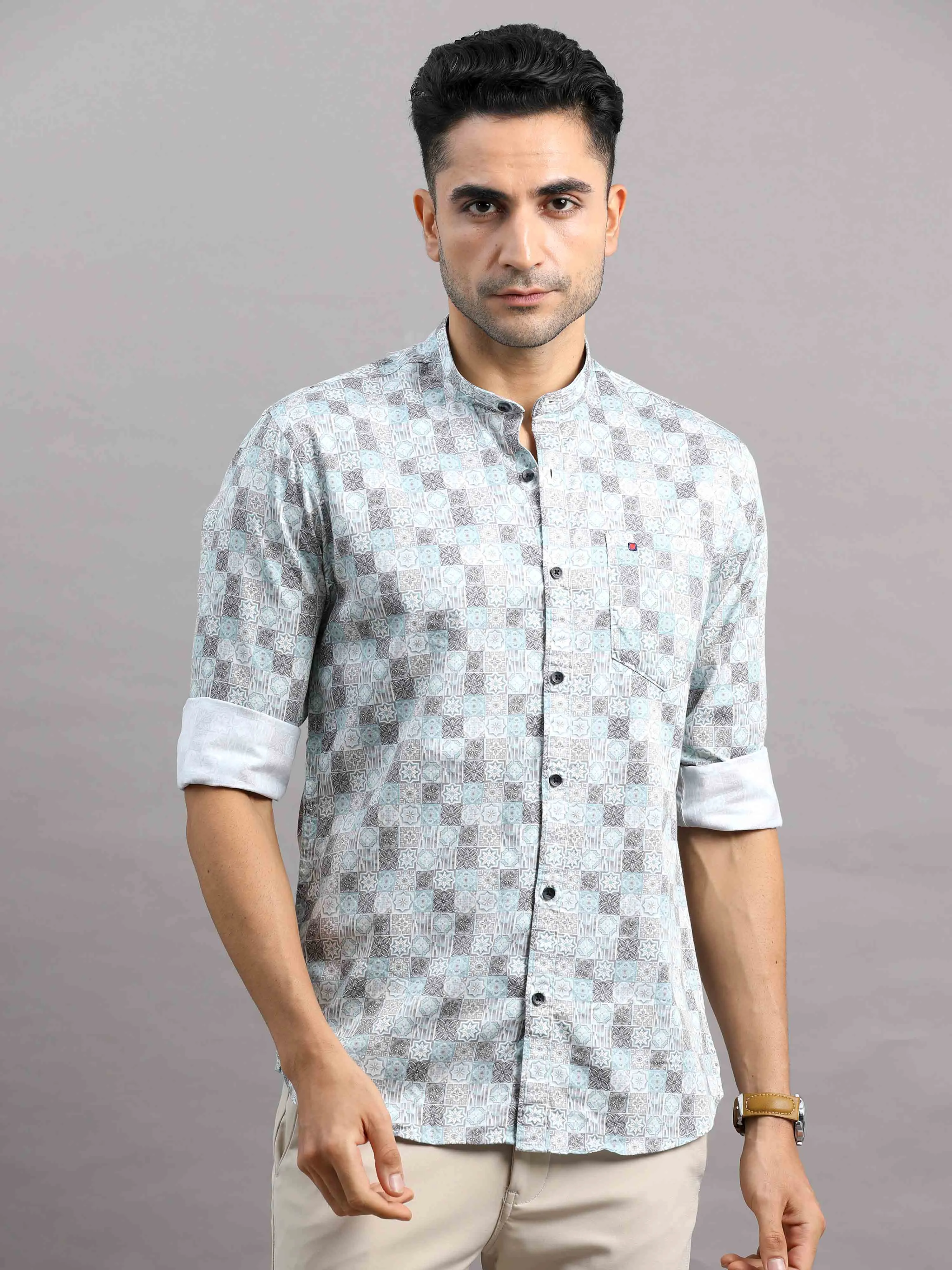 Men's Blue Slim Fit Full Sleeves Printed Casual Shirt