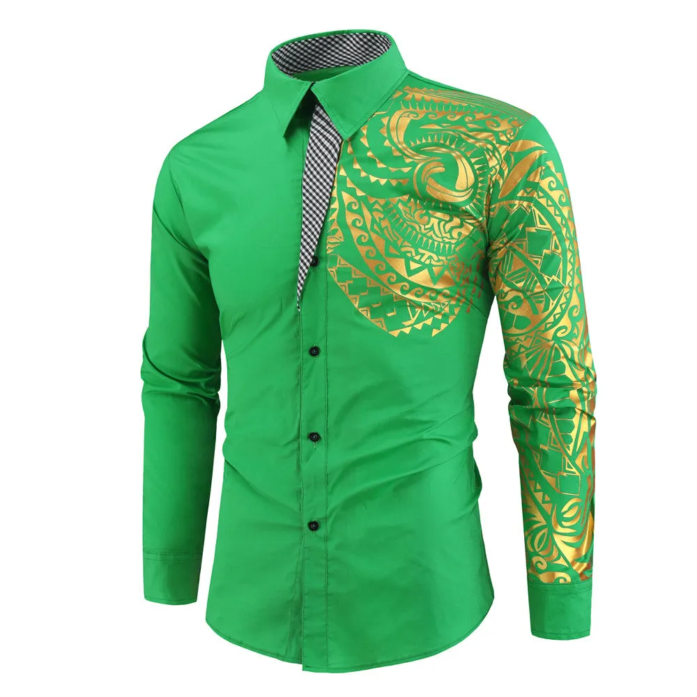 Men's Print Plaid Patchwork Slim Fit Long Sleeves Shirt
