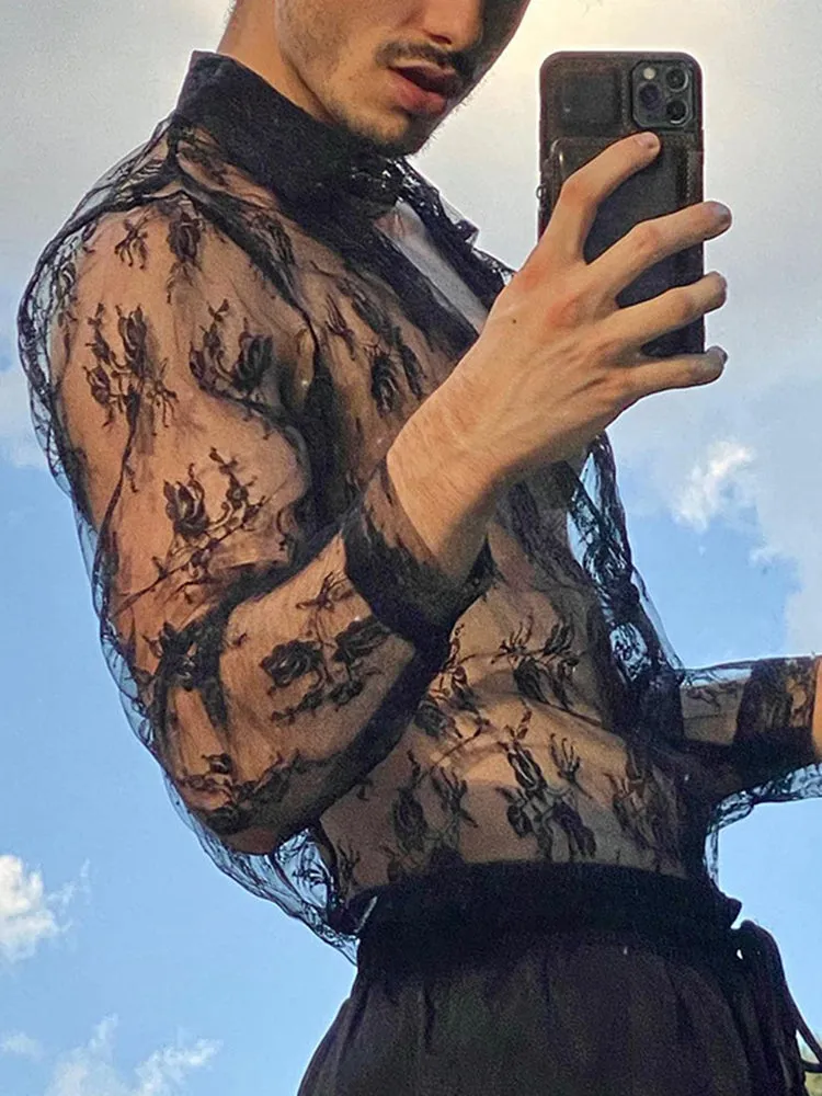 Mens Sexy Hollow Casual See-Through Shirt