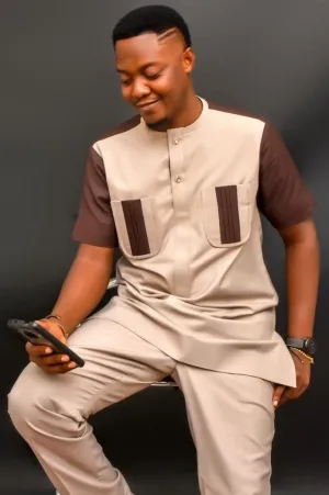 Mens Sophisticated Brown & Beige 2 Piece Kaftan
