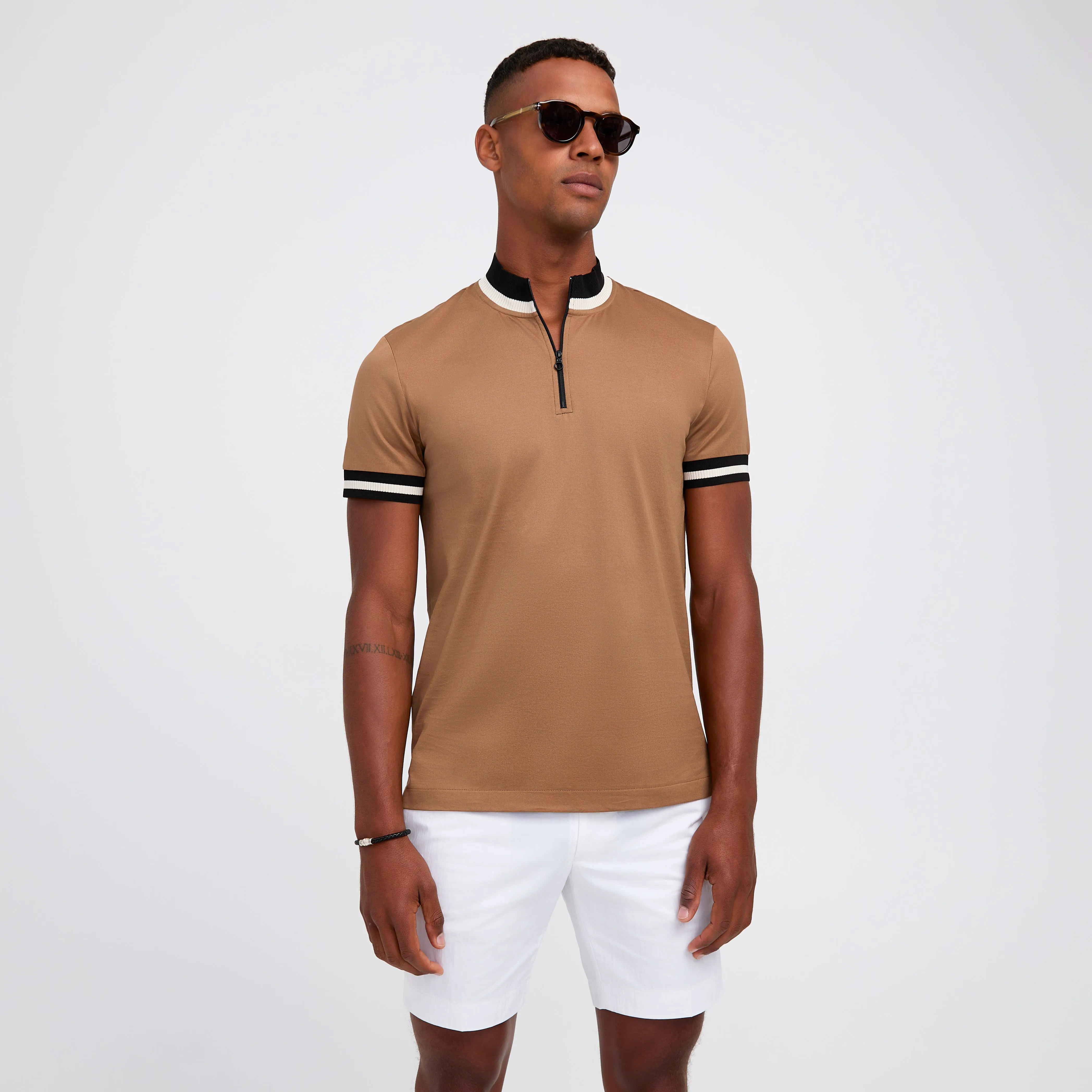 Mercerised Cotton Half Zip Polo Camel