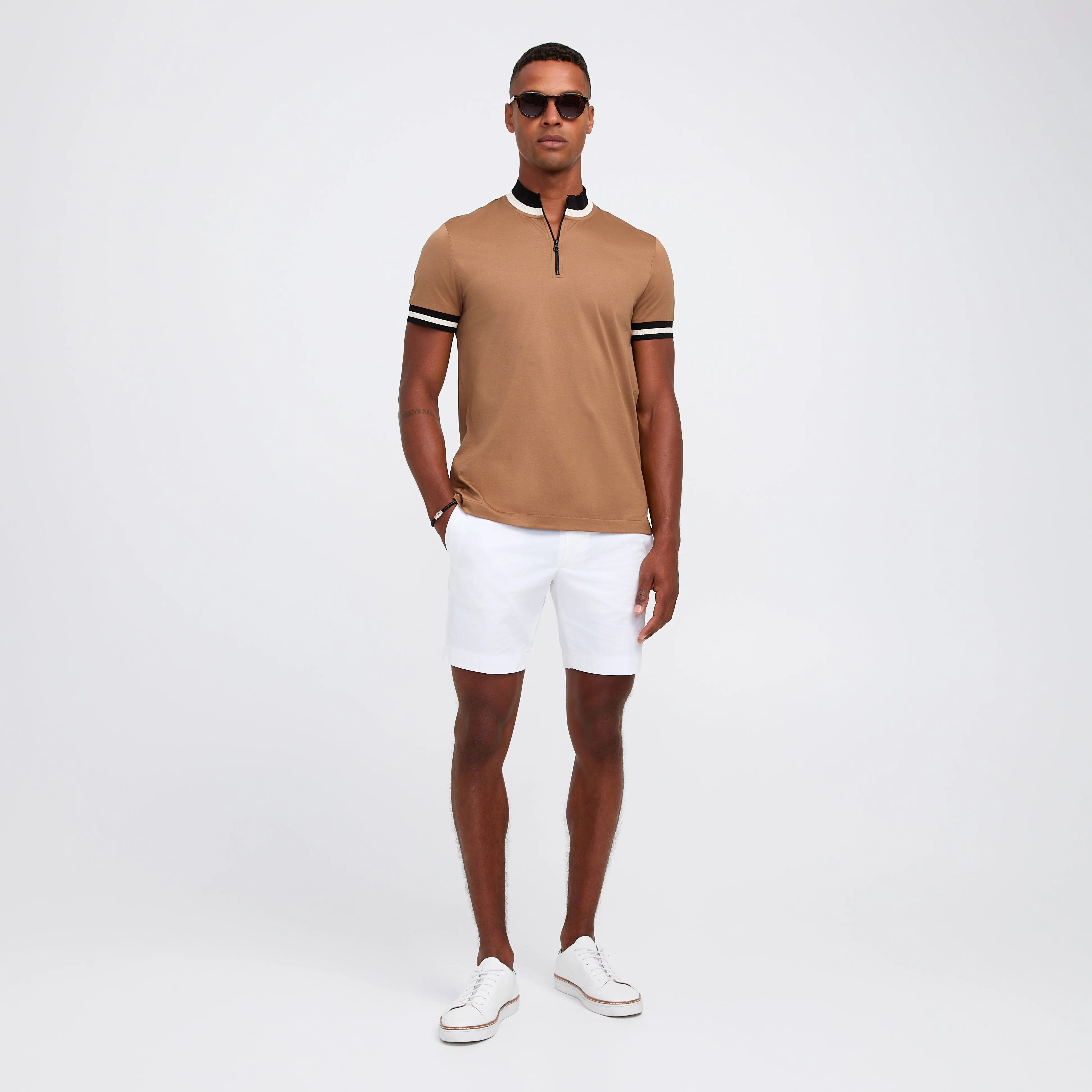 Mercerised Cotton Half Zip Polo Camel