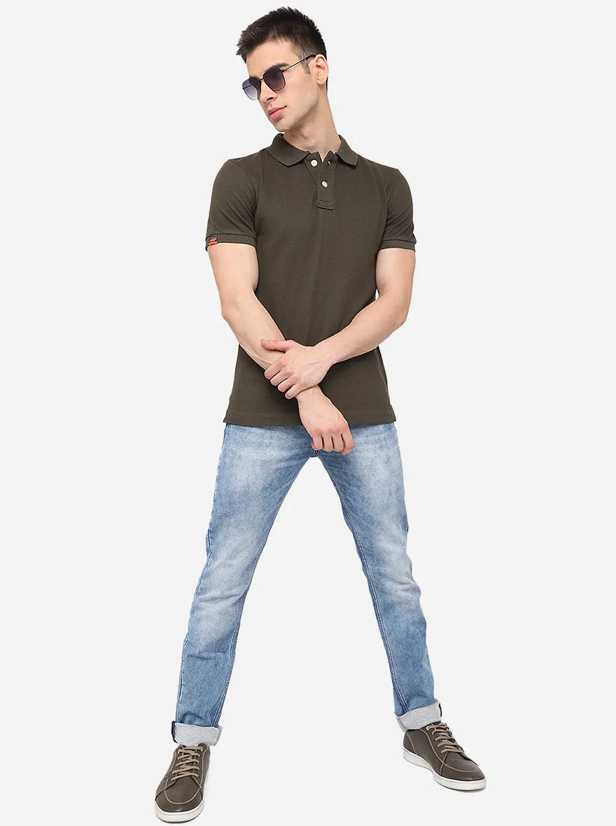 Olive Solid Slim Fit Polo T-Shirt | JadeBlue