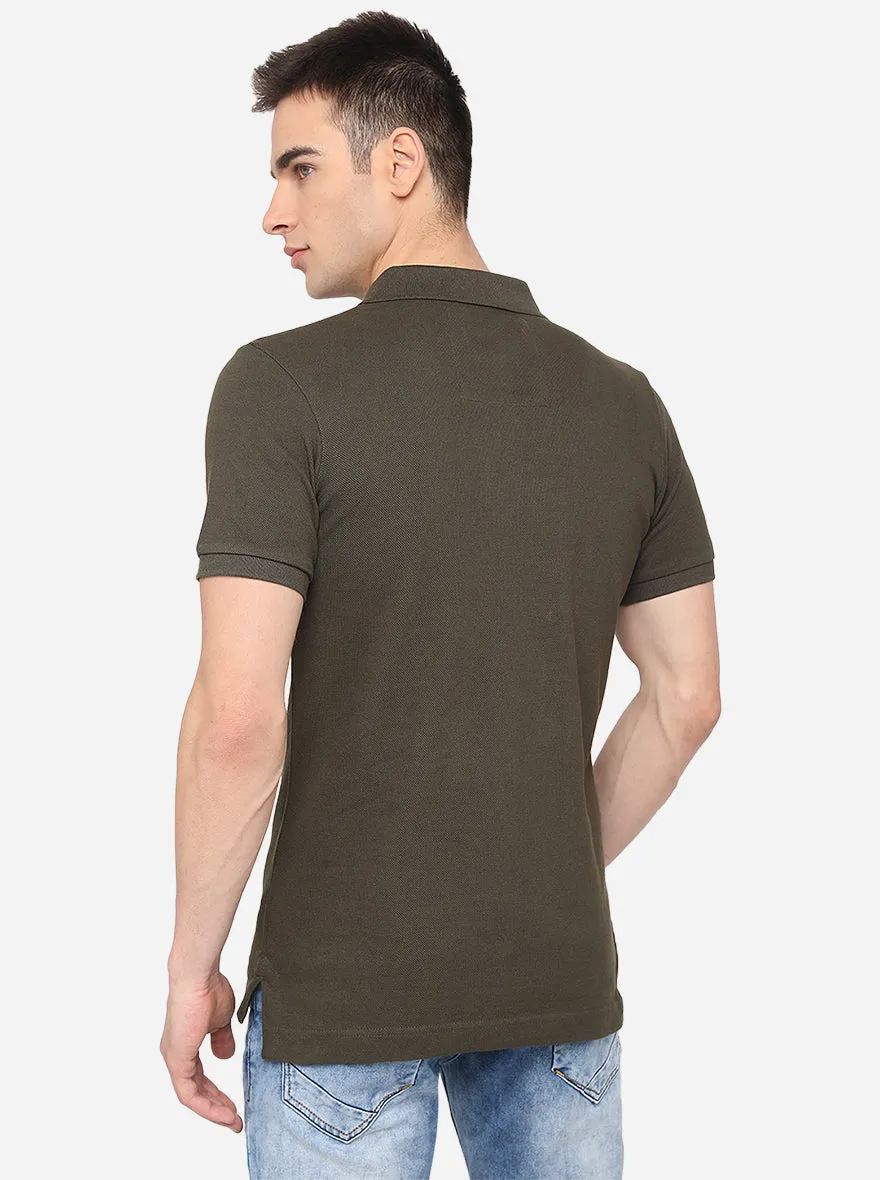 Olive Solid Slim Fit Polo T-Shirt | JadeBlue