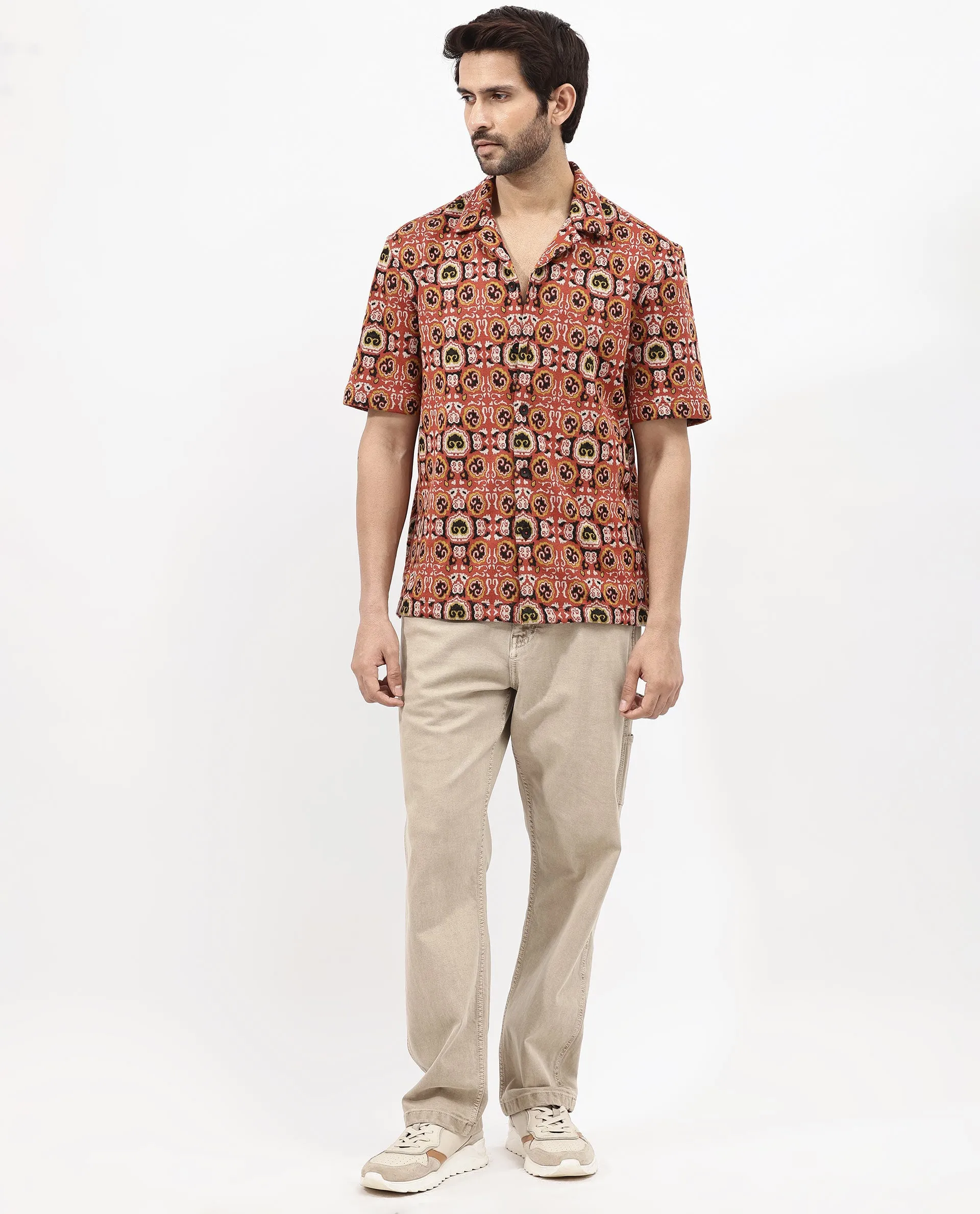 Rare Rabbit Men's Lueno Rust Cotton Polyester Fabric Short Sleeves Cuban Collar Boxy Fit Jacquard Textured Shirt