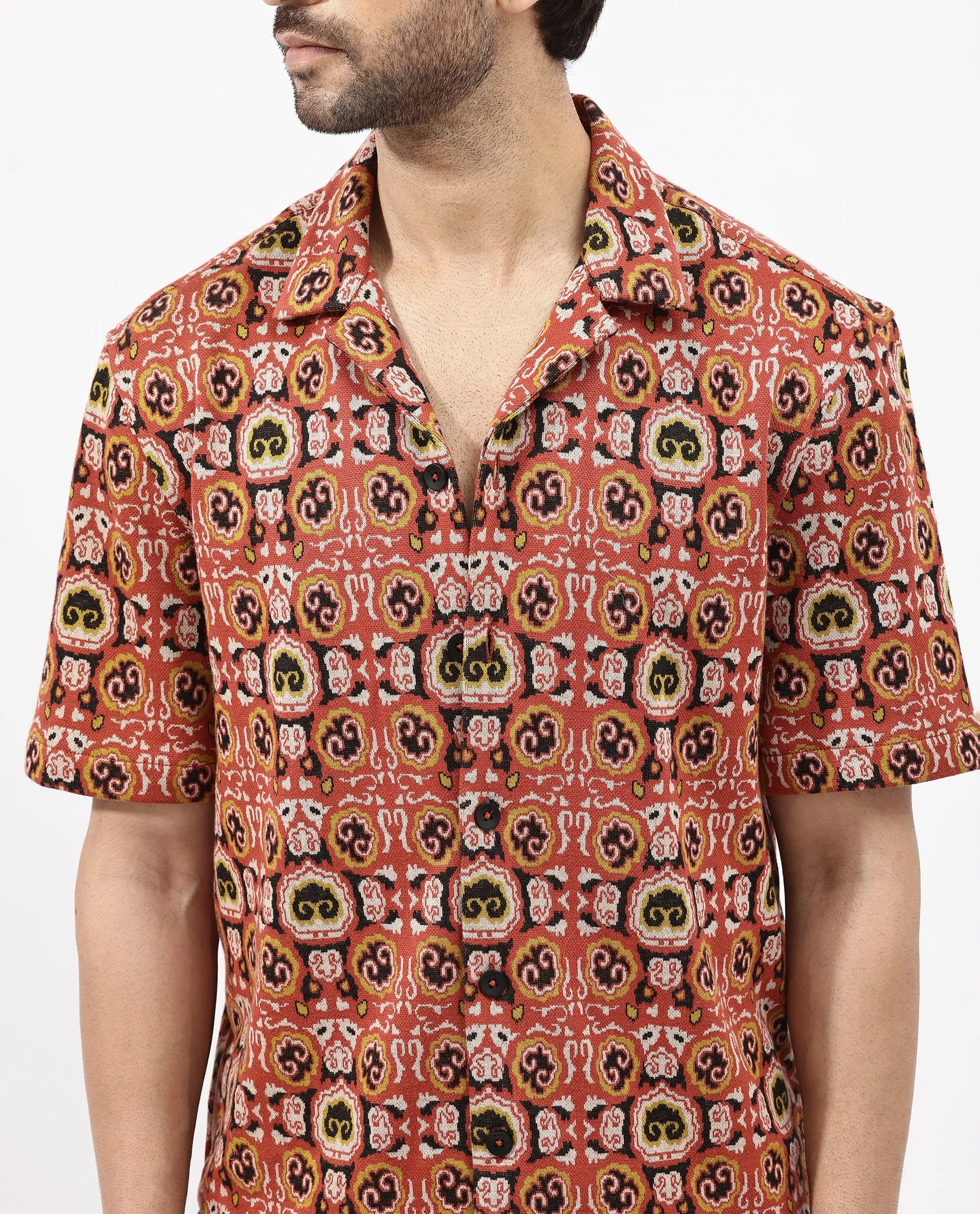 Rare Rabbit Men's Lueno Rust Cotton Polyester Fabric Short Sleeves Cuban Collar Boxy Fit Jacquard Textured Shirt