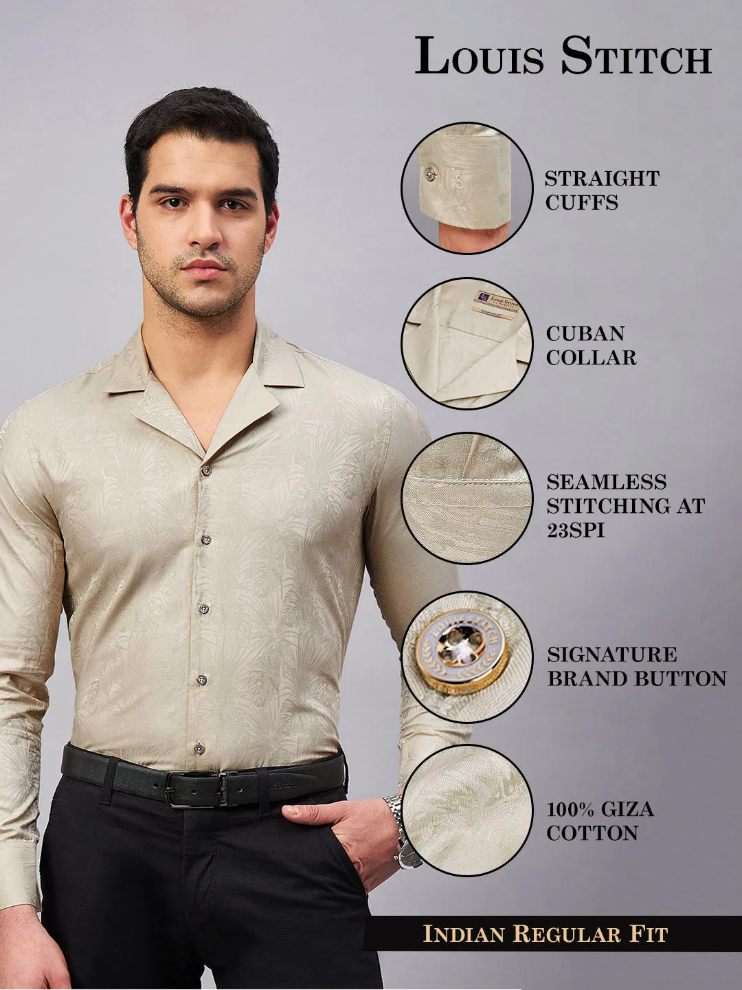 Regular Fit Cuban Collar Abstract Green Shirt For Men