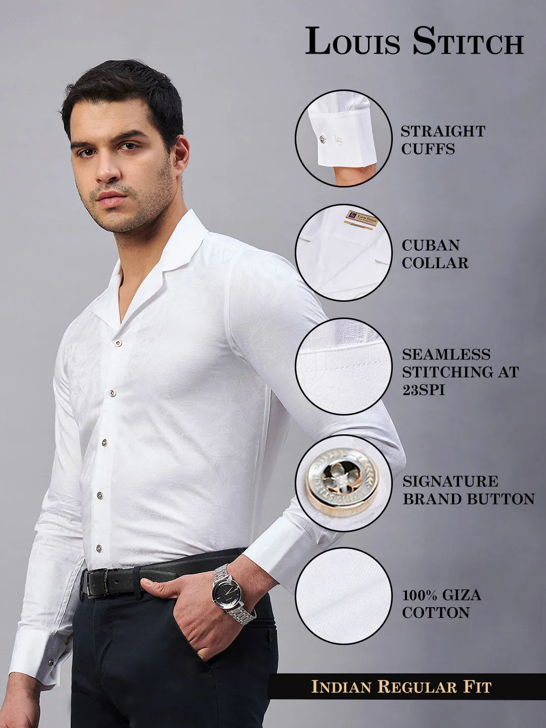 Regular Fit Cuban Collar Floral White Shirt For Men