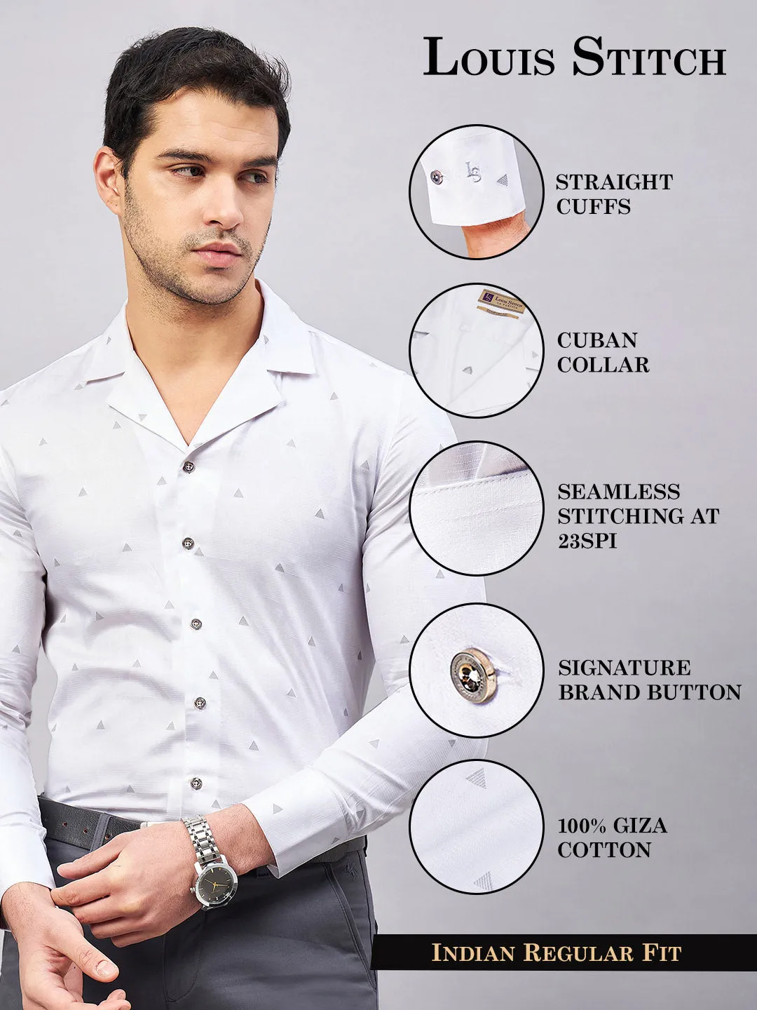 Regular Fit Cuban Collar Graphic White Shirt For Men