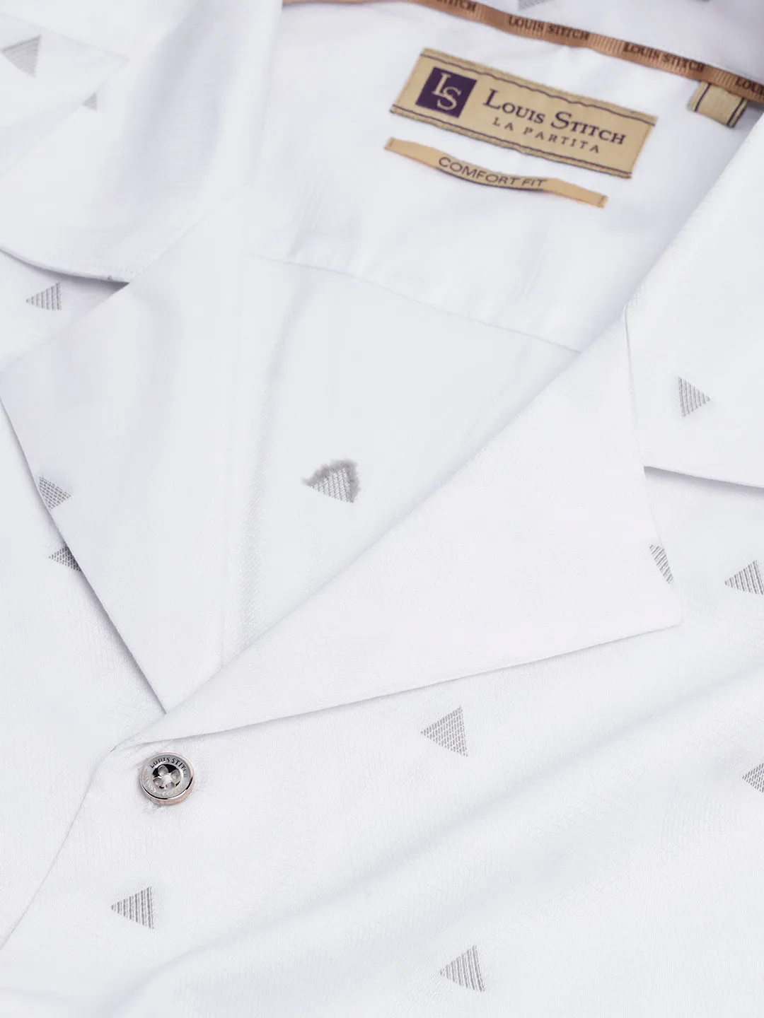 Regular Fit Cuban Collar Graphic White Shirt For Men