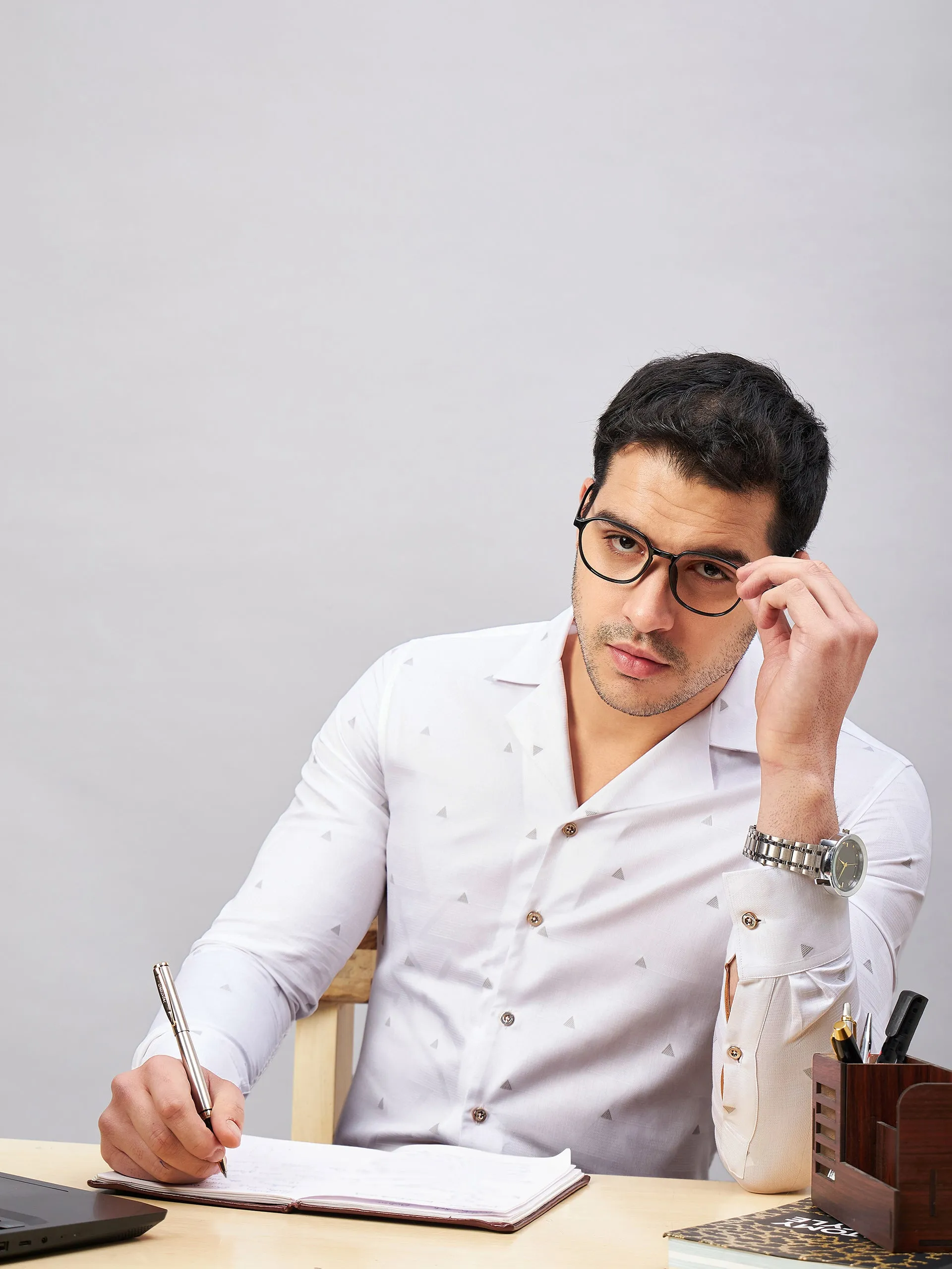 Regular Fit Cuban Collar Graphic White Shirt For Men