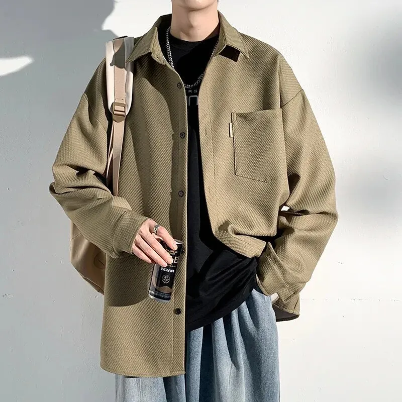 Riolio Autumn New Shirts Fashion Handsome Trend Shirt Man Long Sleeve Simple Lapel Male Blouse Loose All Match Casual Tops Jacket Men
