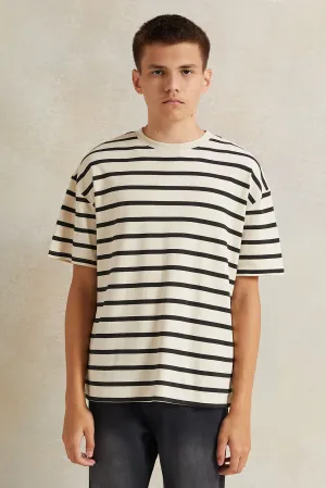 Senior Boys Beige Striped Black T-Shirt
