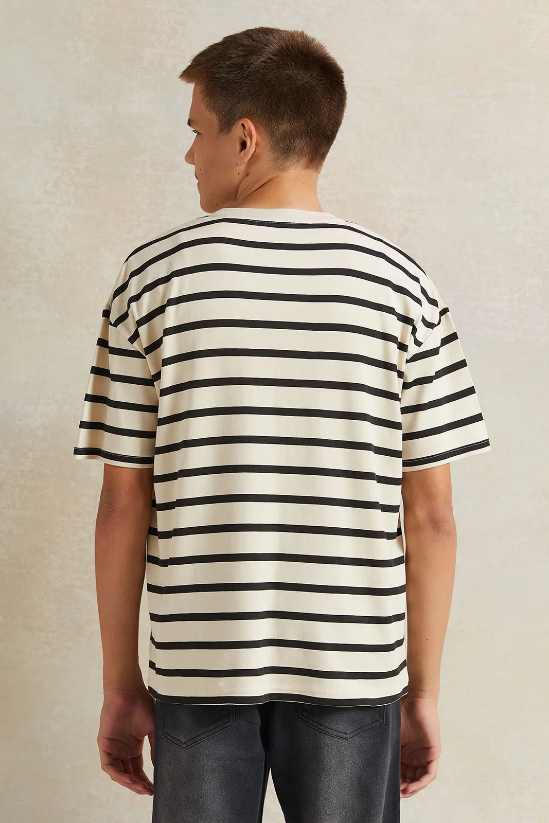 Senior Boys Beige Striped Black T-Shirt