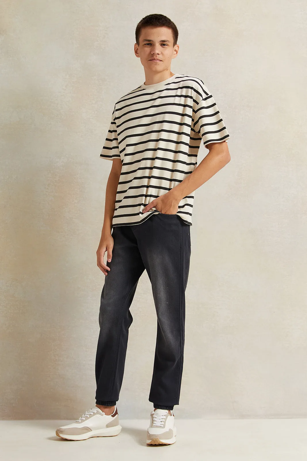 Senior Boys Beige Striped Black T-Shirt